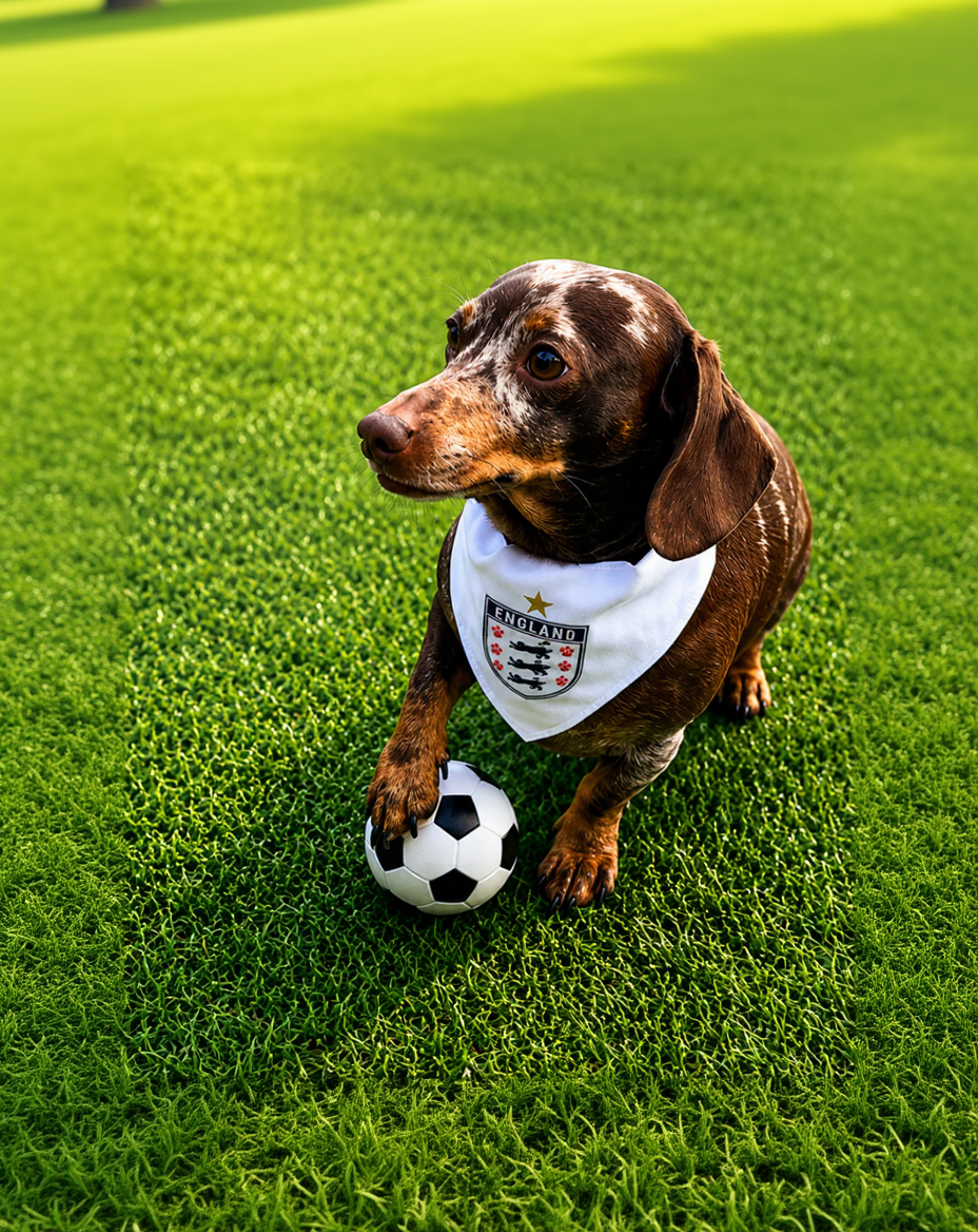 Dog wearing an England bandana with a soccer ball on grass