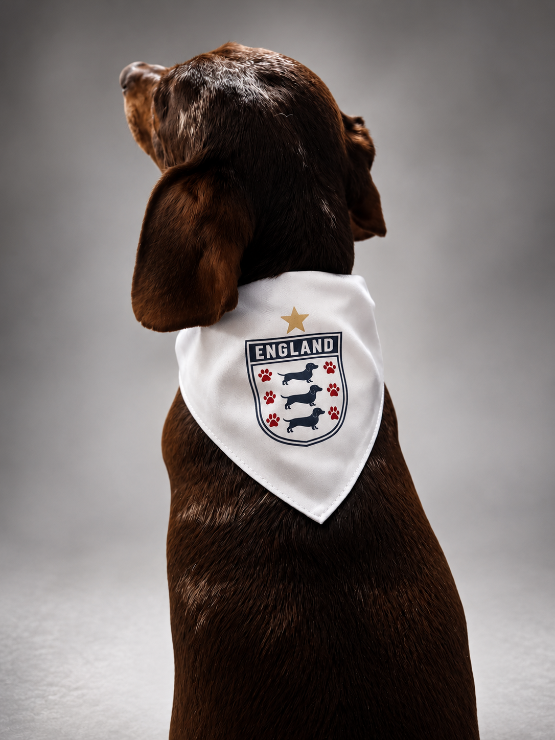 Dog wearing a bandana with an England emblem on a gray background