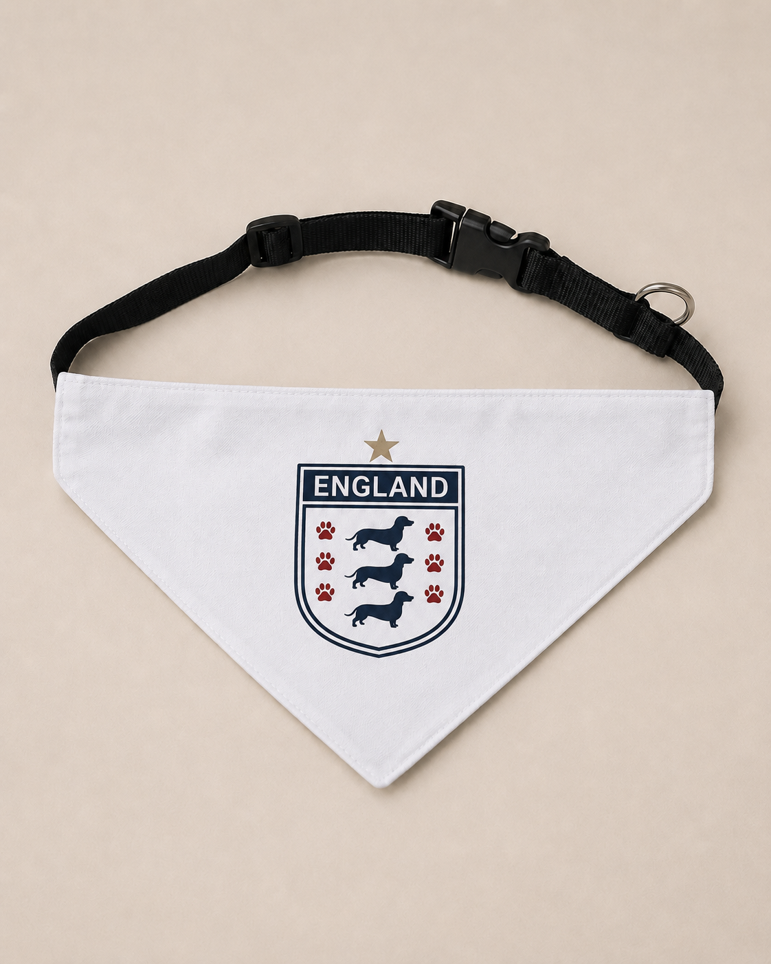 White dog bandana with England crest and dachshunds on a beige background